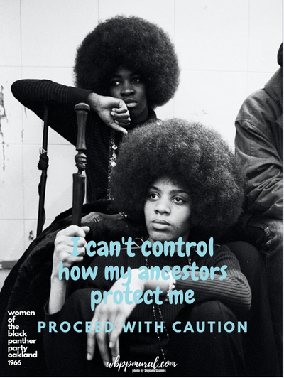 I can't control how my ancestors protect high gloss poster, stephen shames photograph of two women in the Black Panther Party. 